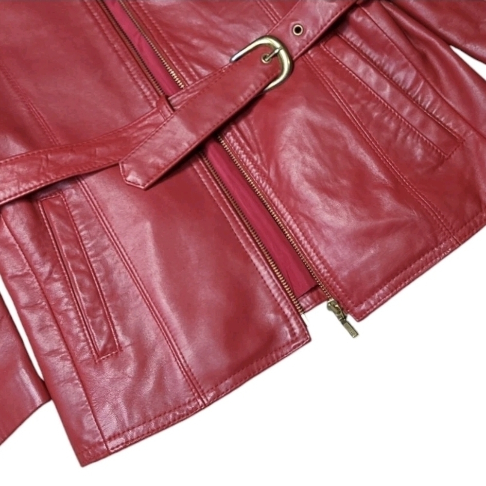 Vintage 1970s Red Leather Moto Jacket Belted Women’s Small Petite | Di Capra Int - Picture 15 of 16